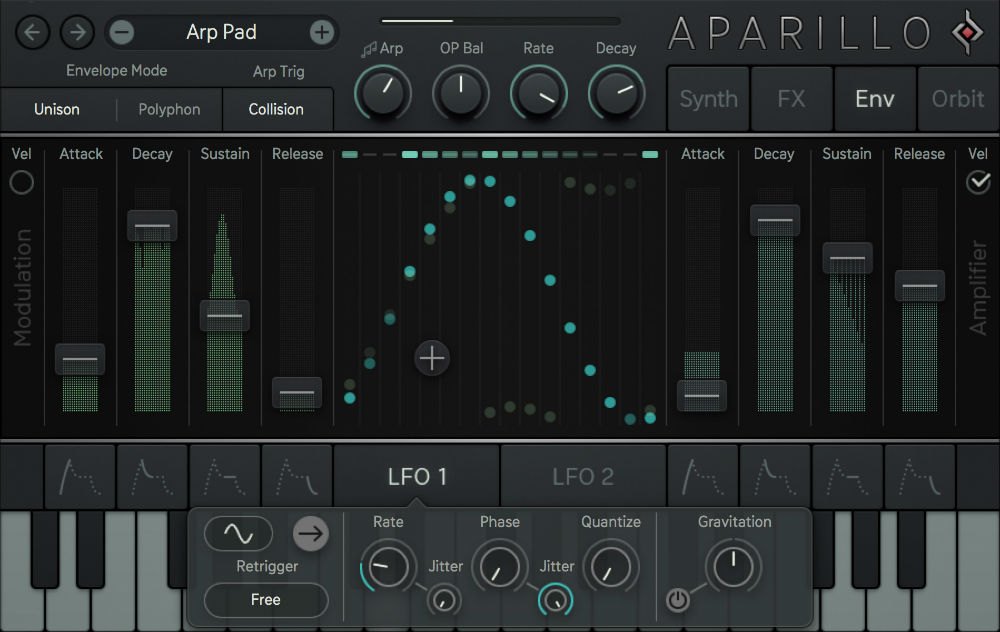 Aparilloの画面(Env)。プリセット名は「Arp Pad」で、ModulationとAmplifierのエンベロープ、下にLFO 1の設定が表示されている
