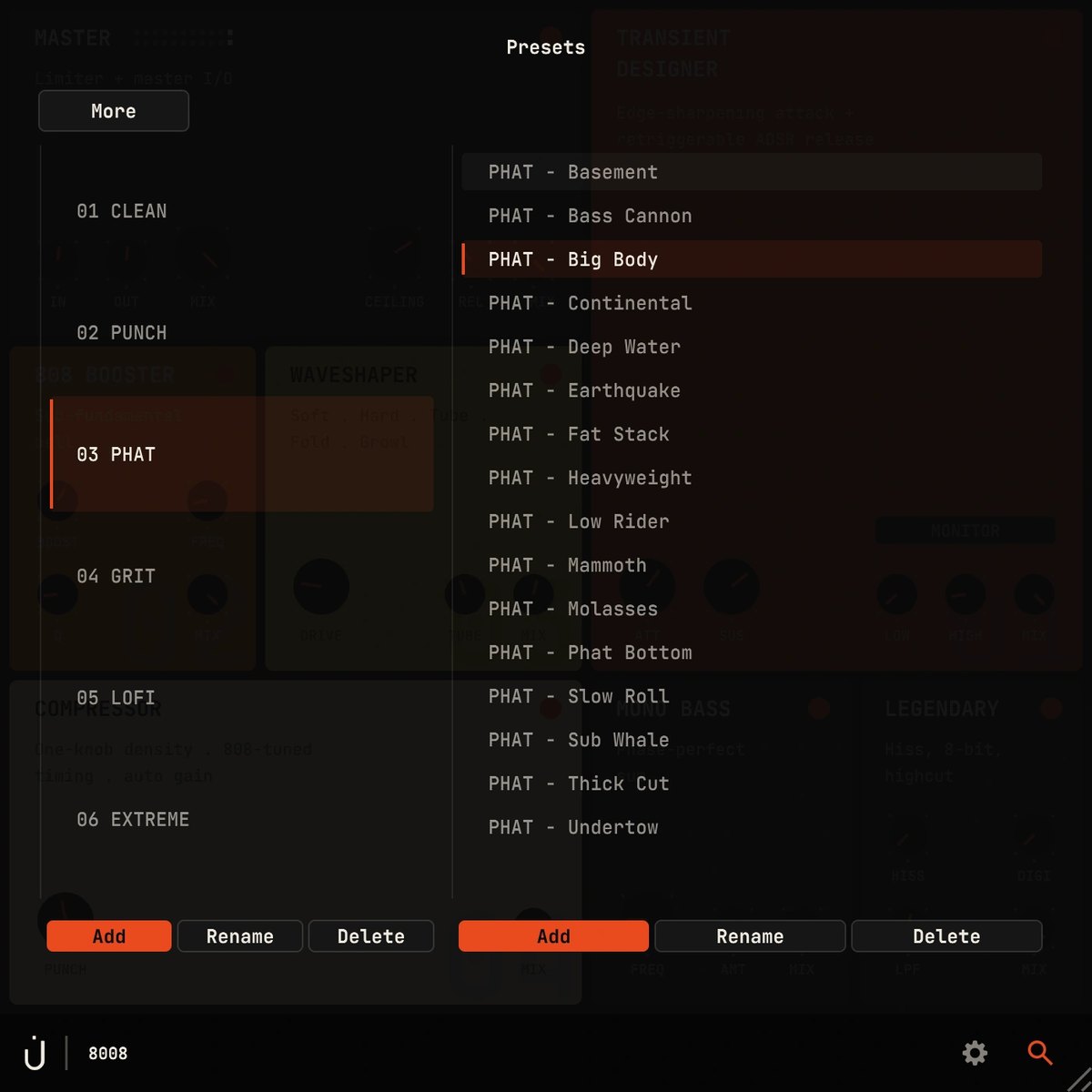 8008のプリセットの画面。左にCLEAN、PUNCH、PHATなどの分類、右に「PHAT - Big Body」などのプリセット名が並ぶ