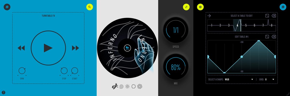 SKR8の画面。左から、TURNTABLE FXの再生ボタン、「INFERNO」のレコード、SPEEDとMIXのつまみ、8つのテーブルの波形エディターが並ぶ