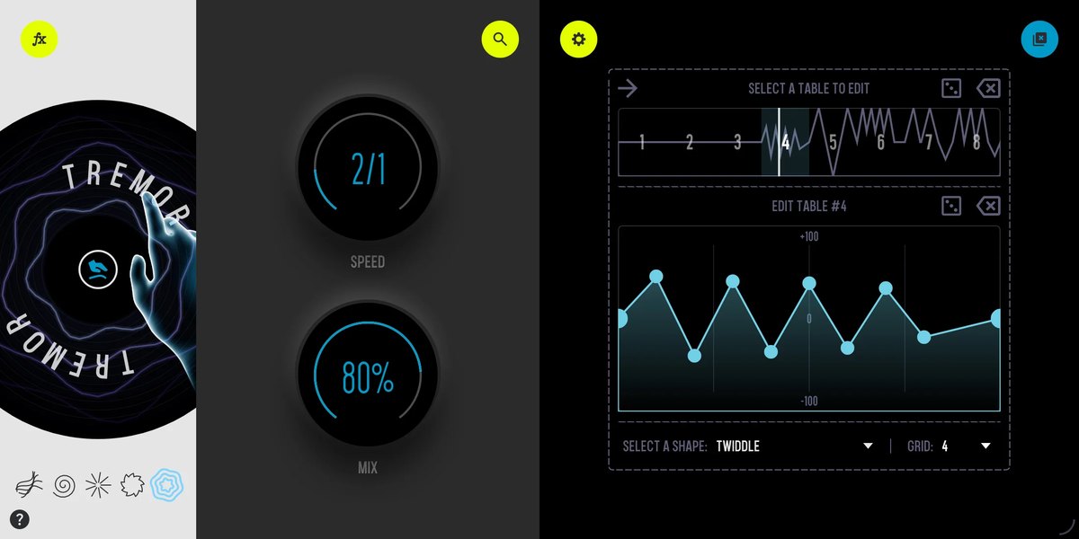 SKR8の画面。「TREMOR」のレコード、SPEEDとMIXのつまみ、右にテーブル#4の波形（TWIDDLE）が表示されている