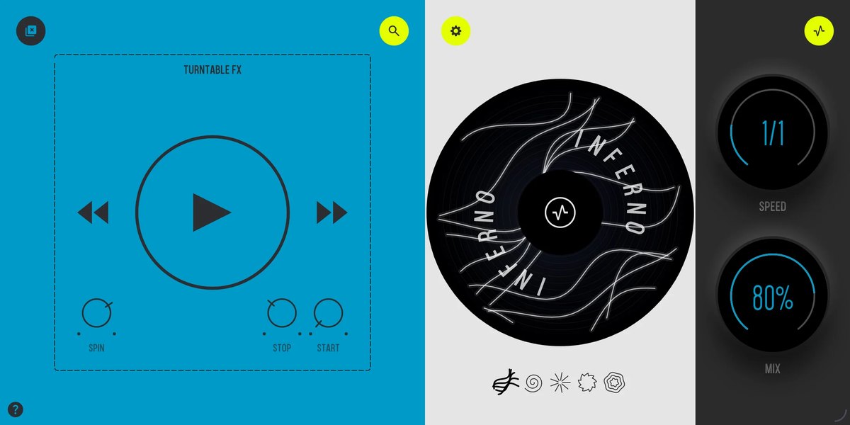 SKR8の画面。左にTURNTABLE FXの再生ボタンとSPIN・STOP・STARTのつまみ、中央に「INFERNO」のレコード、右にSPEEDとMIXが並ぶ
