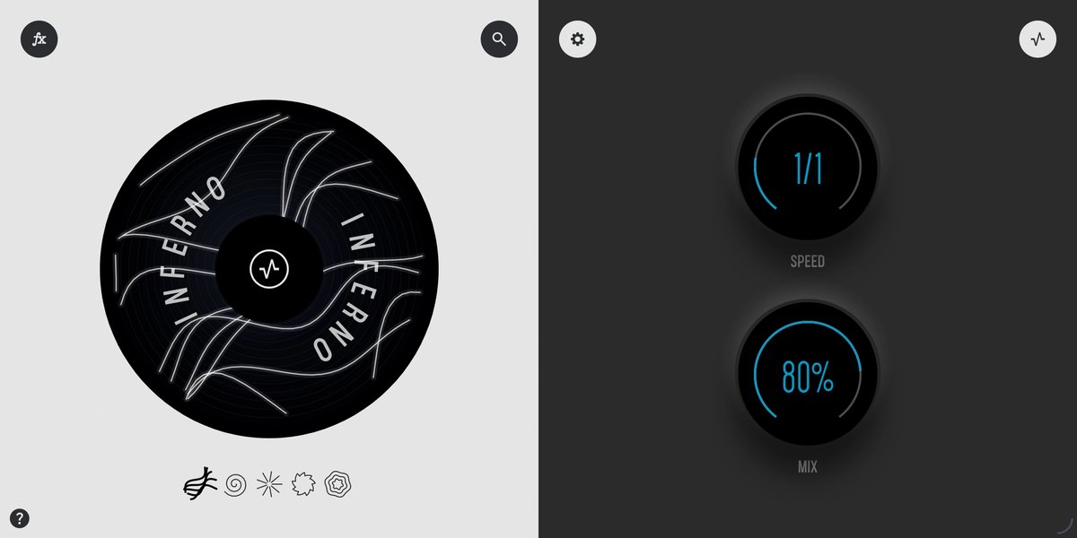 SKR8の画面。「INFERNO」のレコードと、SPEEDとMIXのつまみが表示されている