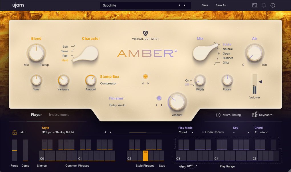 Virtual Guitarist AMBER 2の画面。Blend、Character、Mix、Airのつまみ、Stomp BoxとFinisherの欄、下にStyleとキーボードが並ぶ