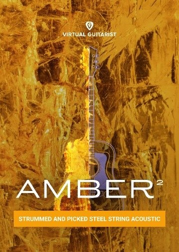 AMBER 2のパッケージ画像。金色の背景にアコースティックギターの絵があり、「AMBER 2」「Strummed and Picked Steel String Acoustic」の文字がある