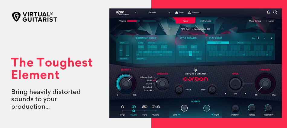 「The Toughest Element」の宣伝画像。右にCARBONの画面があり、左に「Bring heavily distorted sounds to your production...」の文字がある