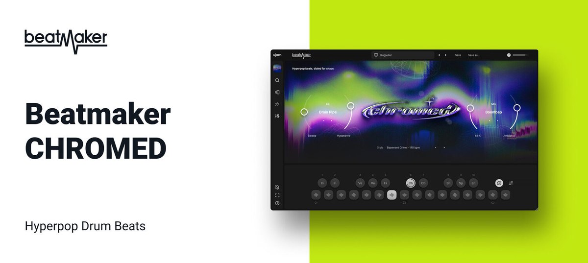 「Beatmaker CHROMED」の宣伝画像。右にCHROMEDの画面があり、左に「Hyperpop Drum Beats」の文字がある