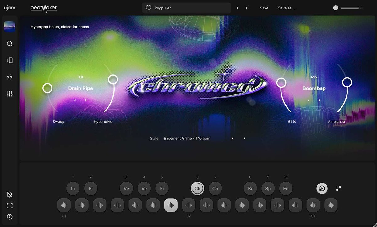 Beatmaker CHROMEDの画面。中央に「Chromed」の文字、左右にKitとMixのつまみがあり、下にドラムパッドが並ぶ