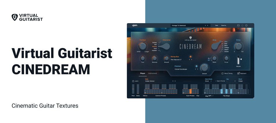「Virtual Guitarist CINEDREAM」の宣伝画像。右にCINEDREAMの画面があり、左に「Cinematic Guitar Textures」の文字がある