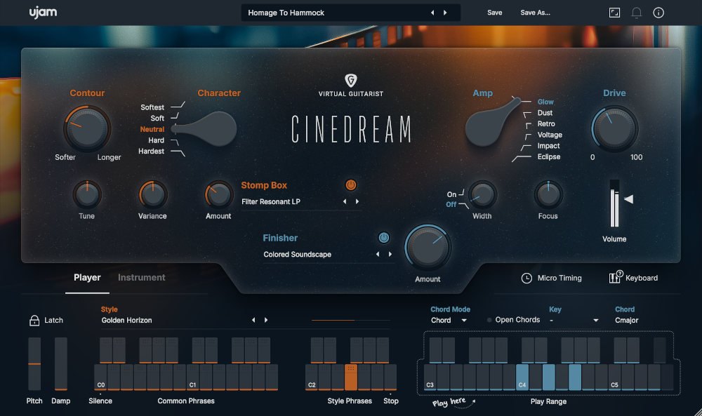 Virtual Guitarist CINEDREAMの画面。Contour、Character、Amp、Driveのつまみ、Stomp BoxとFinisherの欄、下にStyleとキーボードが並ぶ
