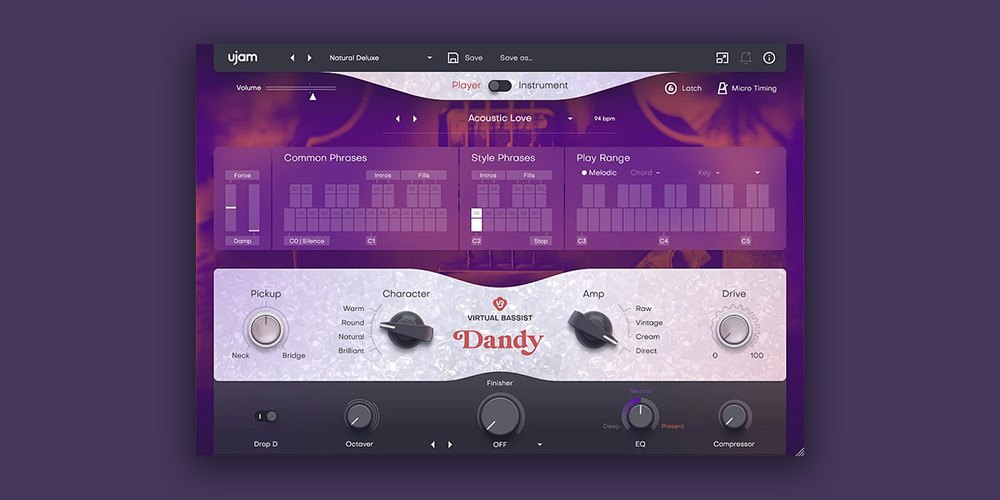 Virtual Bassist DANDYの画面。紫の背景に、Pickup、Character、Amp、Driveのつまみと、上にCommon PhrasesとPlay Rangeのキーボードがある