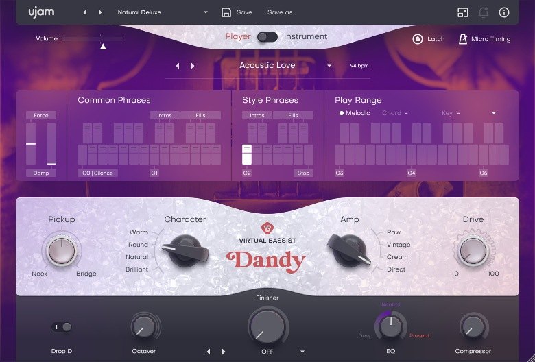 DANDYの画面の拡大。上にCommon Phrases、Style Phrases、Play Range、中央にPickup、Character、Amp、Drive、下にDrop D、Octaver、Finisher、EQ、Compressorが並ぶ