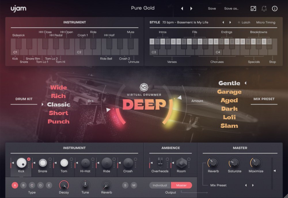 Virtual Drummer DEEPの画面。上にInstrumentとStyle、中央に「DEEP」の文字とDrum Kit、Mix Preset、下にInstrument、Ambience、Masterが並ぶ