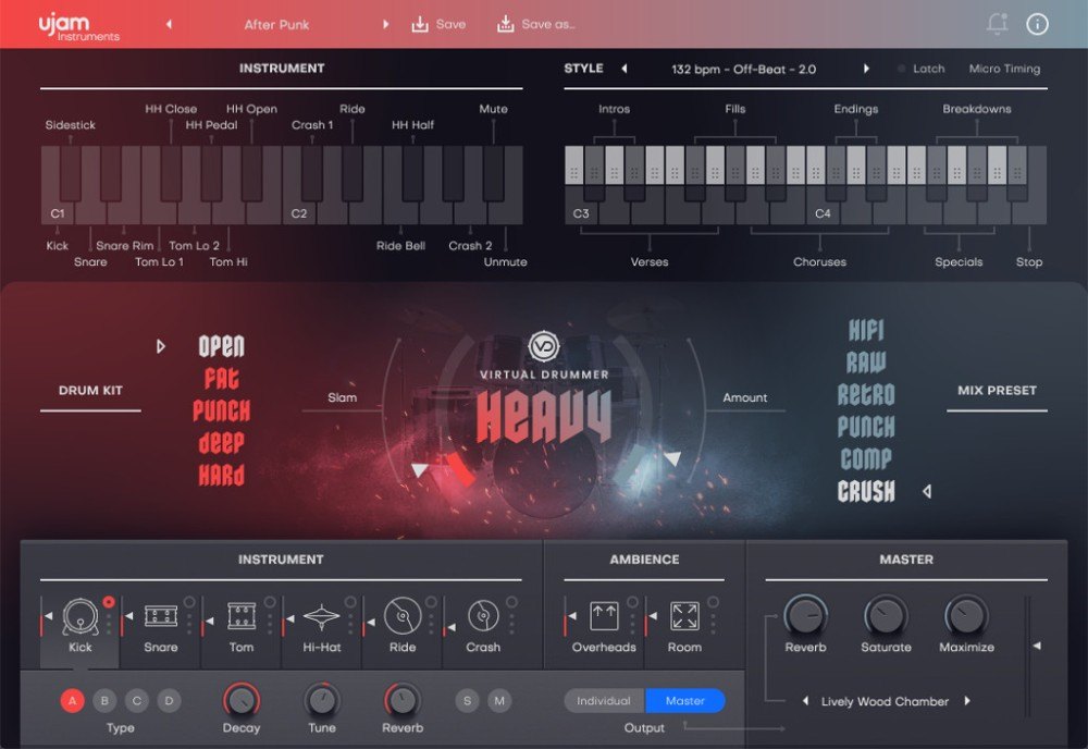 Virtual Drummer HEAVYの画面。中央に「HEAVY」の文字、左にDrum Kit、右にMix Preset(Hifi、Raw、Retro、Punch、Comp、Crush)、下にInstrument、Ambience、Masterが並ぶ