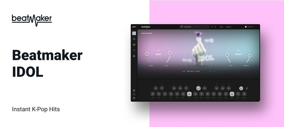 「Beatmaker IDOL」の宣伝画像。右にIDOLの画面があり、左に「Instant K-Pop Hits」の文字がある