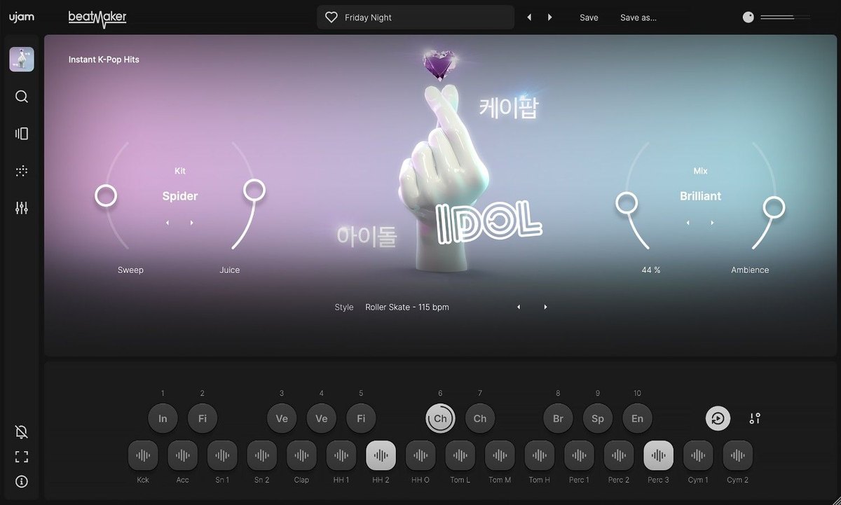 Beatmaker IDOLの画面。中央に手でハートを作る像と「IDOL」の文字があり、左右にKitとMixのつまみ、下にドラムパッドが並ぶ