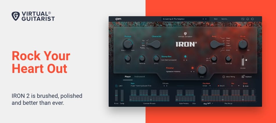 「Rock Your Heart Out」の宣伝画像。右にIRON 2の画面があり、左に「IRON 2 is brushed, polished and better than ever.」の文字がある