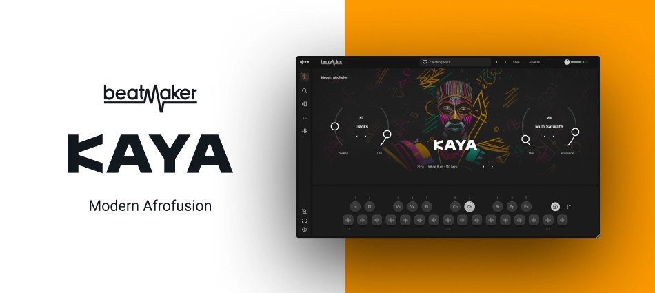 「Beatmaker KAYA」の宣伝画像。右にKAYAの画面があり、左に「Modern Afrofusion」の文字がある