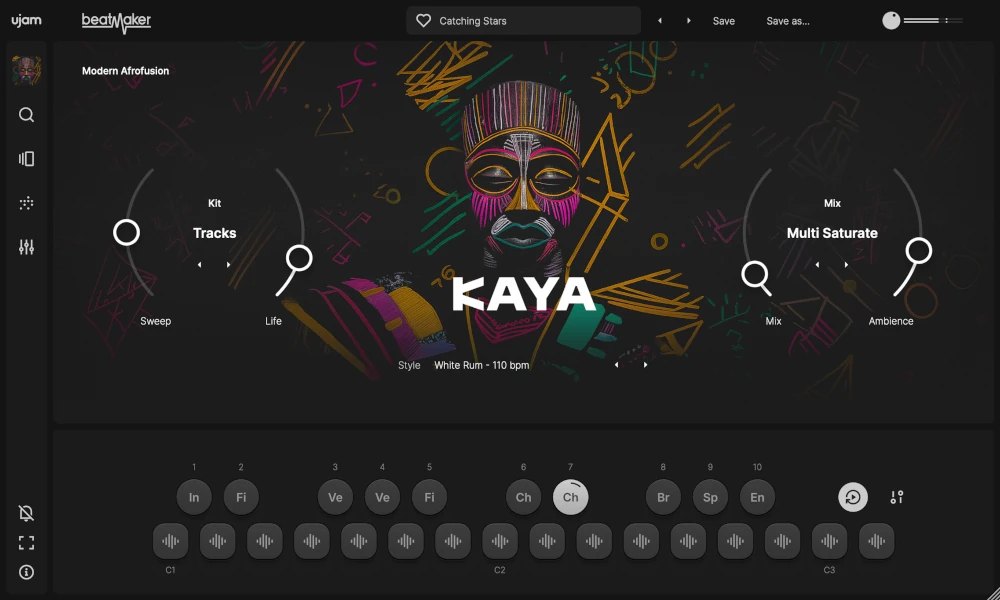 Beatmaker KAYAの画面。中央に仮面の絵と「KAYA」の文字があり、左右にKitとMixのつまみ、下にドラムパッドが並ぶ