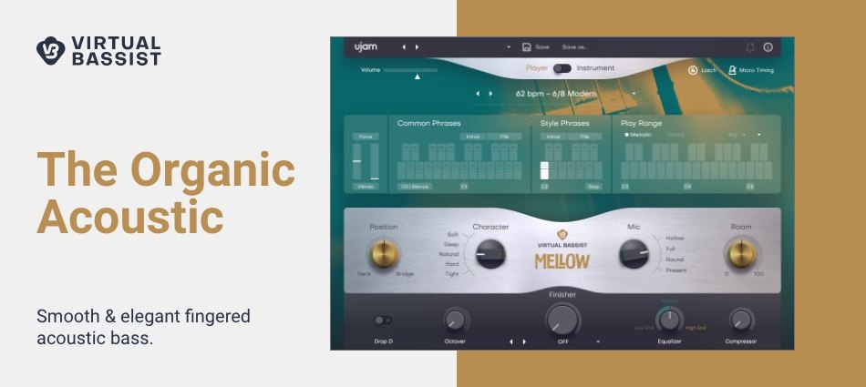 「The Organic Acoustic」の宣伝画像。右にMELLOWの画面があり、左に「Smooth & elegant fingered acoustic bass.」の文字がある
