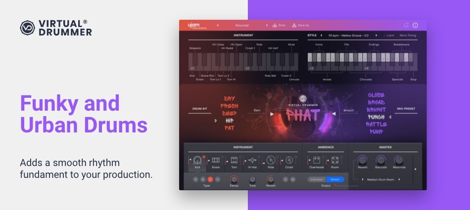 「Funky and Urban Drums」の宣伝画像。右にPHATの画面があり、左に「Adds a smooth rhythm fundament to your production.」の文字がある