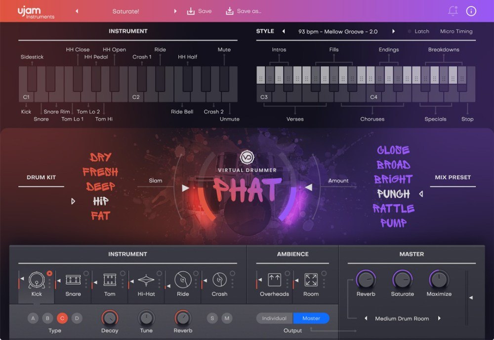 Virtual Drummer PHATの画面。中央に「PHAT」の文字、左にDrum Kit、右にMix Preset、下にInstrument、Ambience、Masterが並ぶ