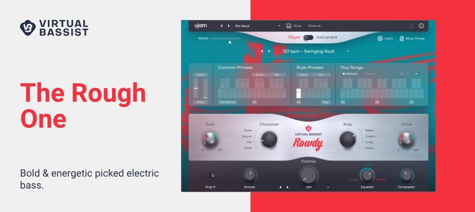 「The Rough One」の宣伝画像。右にROWDYの画面があり、左に「Bold & energetic picked electric bass.」の文字がある