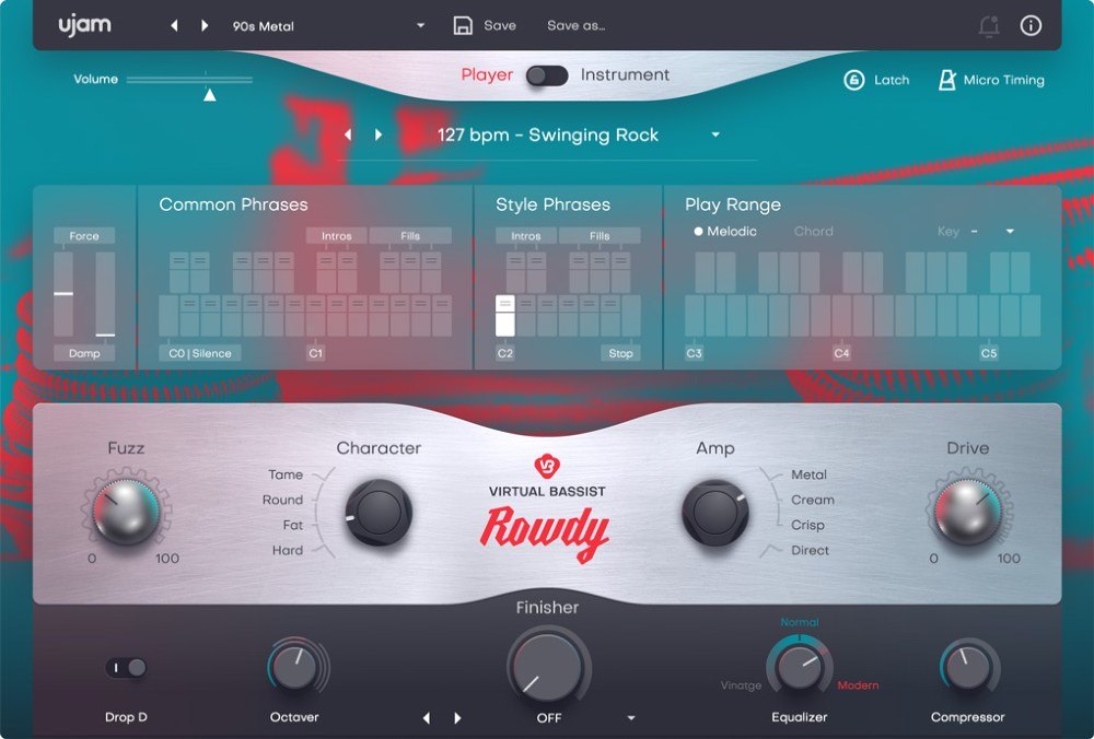 Virtual Bassist ROWDYの画面。Fuzz、Character、Amp、Driveのつまみがあり、下にFinisher、Octaver、Equalizer、Compressorが並ぶ