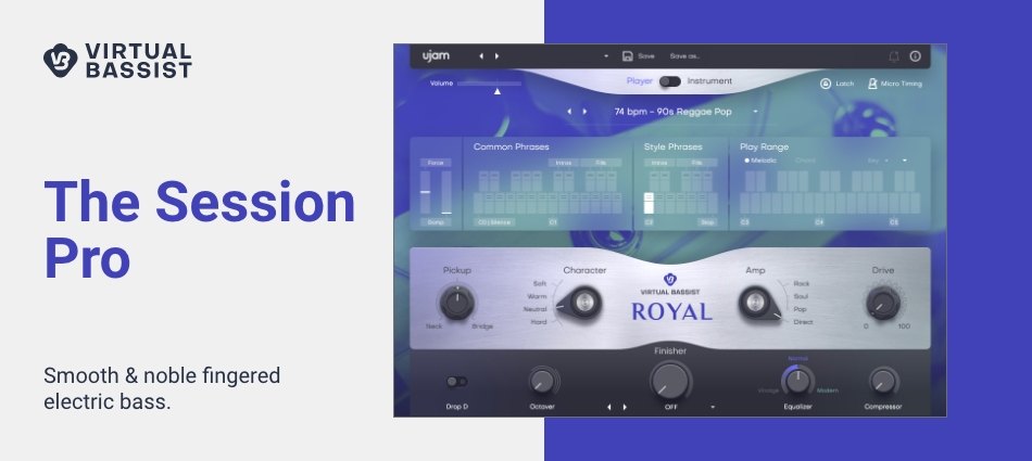 「The Session Pro」の宣伝画像。右にROYALの画面があり、左に「Smooth & noble fingered electric bass.」の文字がある