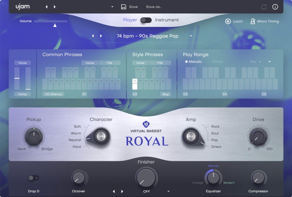 Virtual Bassist ROYALの画面。Pickup、Character、Amp、Driveのつまみがあり、下にFinisher、Octaver、Equalizer、Compressorが並ぶ