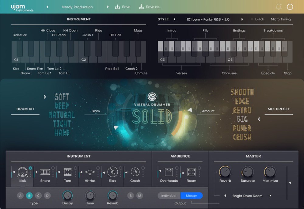 Virtual Drummer SOLIDの画面。中央に「SOLID」の文字、左にDrum Kit、右にMix Preset、下にInstrument、Ambience、Masterが並ぶ