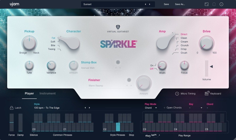 Virtual Guitarist SPARKLE 2の画面。Pickup、Character、Amp、Driveのつまみ、Stomp BoxとFinisherの欄、下にStyleとキーボードが並ぶ