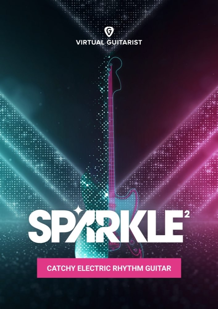 SPARKLE 2のパッケージ画像。ギターの絵の上に、「VIRTUAL GUITARIST」「SPARKLE 2」「CATCHY ELECTRIC RHYTHM GUITAR」の文字がある