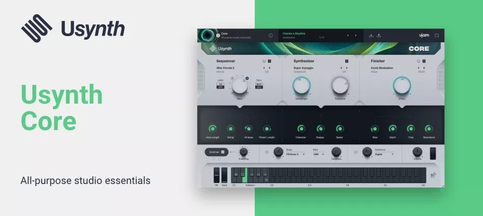 「Usynth Core」の宣伝画像。右にCOREの画面があり、左に「All-purpose studio essentials」の文字がある