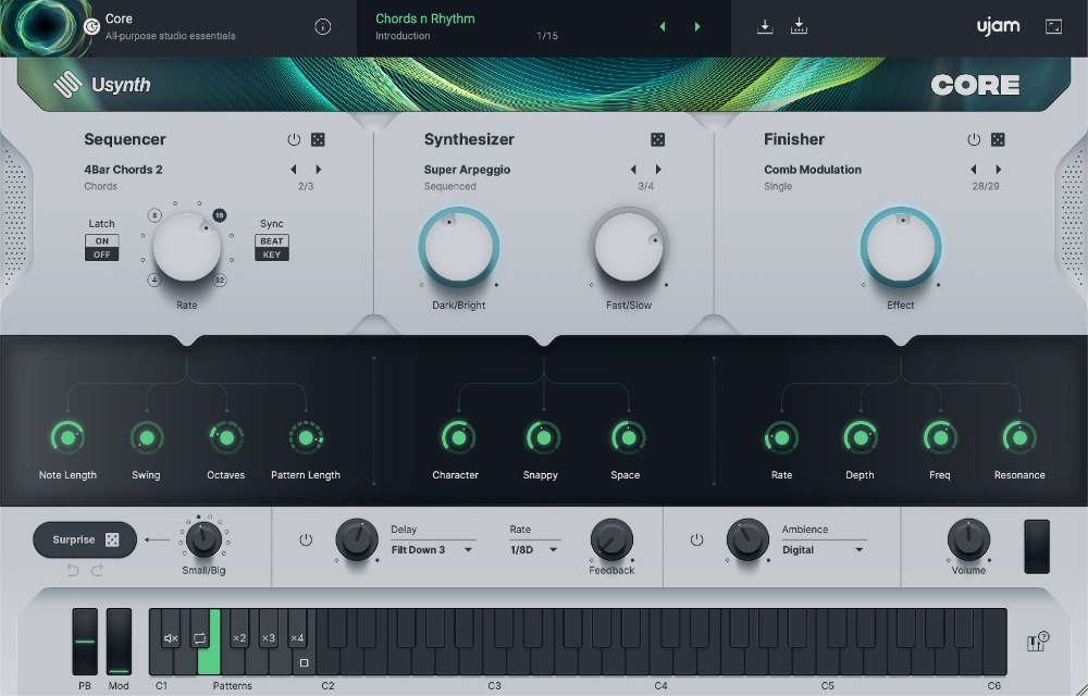 Usynth COREの画面。上にSequencer、Synthesizer、Finisherの3つの欄があり、下に鍵盤が並ぶ