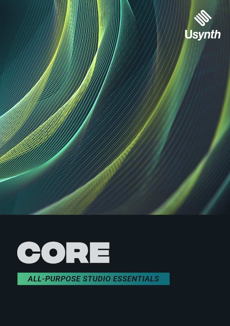 Usynth COREのパッケージ画像。緑と青の曲線模様の上に、「Usynth」「CORE」「ALL-PURPOSE STUDIO ESSENTIALS」の文字がある