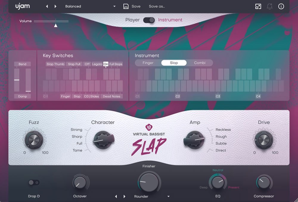 Virtual Bassist SLAPの画面。Key Switches、Instrument（Finger、Slop、Combi）、Fuzz、Character、Amp、Driveが並ぶ