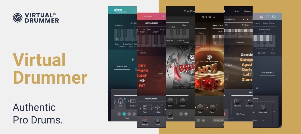 Virtual Drummerの複数の画面が重なって並んでいる。左に「Virtual Drummer」「Authentic Pro Drums.」の文字