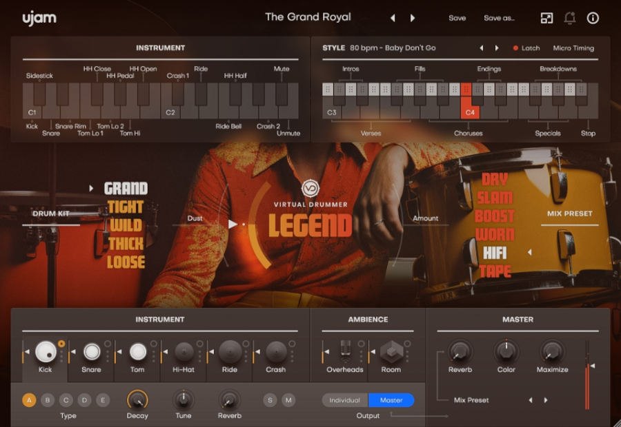 Virtual Drummer LEGENDの画面。上にInstrumentとStyle、中央にドラマーの写真と「LEGEND」の文字、下にInstrument、Ambience、Masterが並ぶ