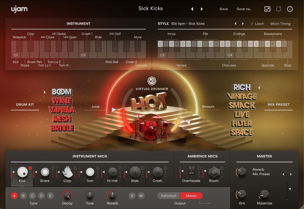Virtual Drummer HOTの画面。中央にドラムセットと「HOT」の文字があり、下にInstrument Mics、Ambience Mics、Masterが並ぶ