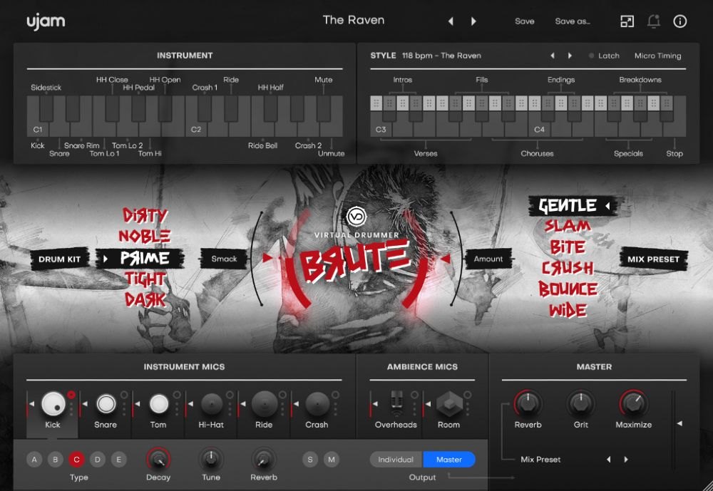 白黒に赤い文字の、Virtual Drummerの画面。スタイル名は「The Raven」で、下にInstrument Mics、Ambience Mics、Masterが並ぶ
