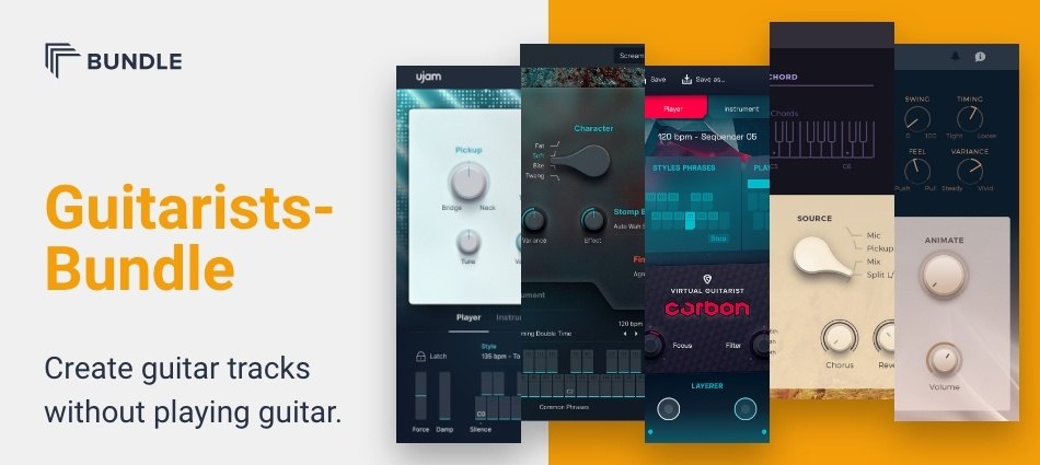 Virtual Guitaristの複数の画面が並んでいる。左に「Guitarists-Bundle」「Create guitar tracks without playing guitar.」の文字