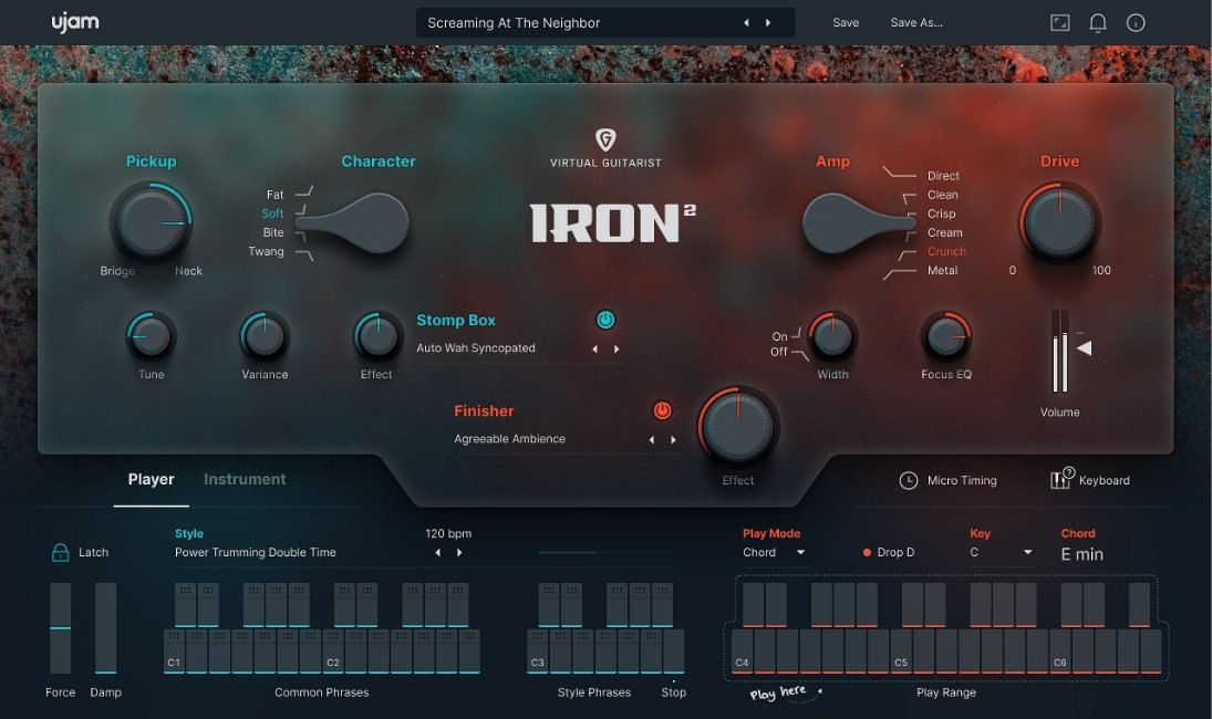 Virtual Guitarist IRON 2の画面。Pickup、Character、Amp、Driveのつまみがあり、下にStyleとキーボードが並ぶ