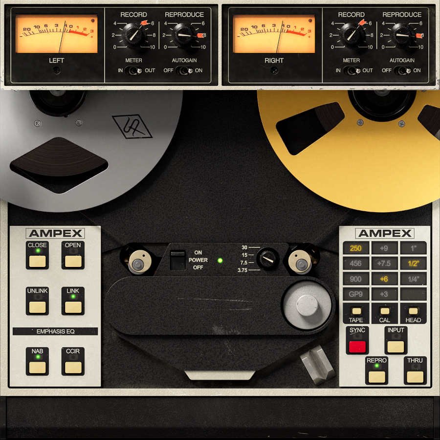 Ampex ATR-102の画面。上にメーターとREPRODUCE・RECORDのつまみ、中央に2つのリール、下にボタンが並ぶ