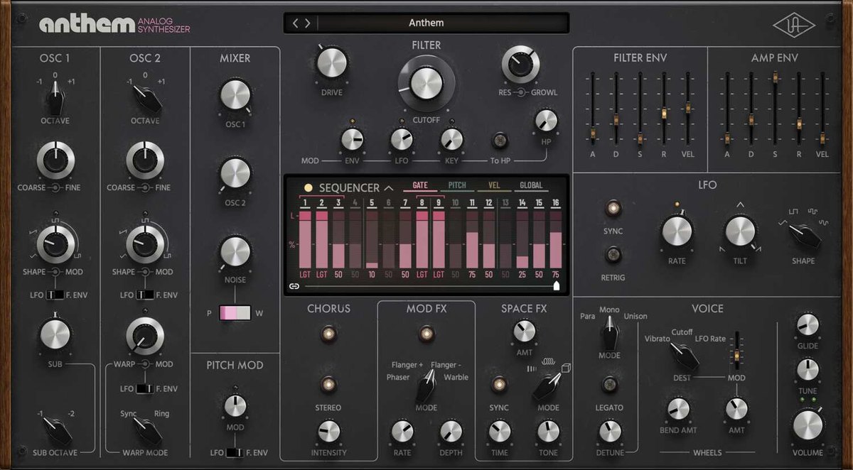 Anthemの画面。OSC 2、Mixer、Filter、Filter Env、Amp Env、LFO、Chorus、Mod FX、Space FX、Voiceが並び、中央にSequencerのステップが開いている