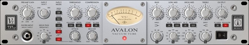 Avalon VT-737spの画面（銀色のパネル）。左にPreamp GainとInput Select、中央にVUメーター、右にBass、Low Mid、High Mid、Trebleと並ぶ