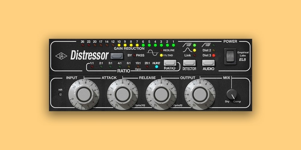 Distressor EL8の画面の拡大。Gain Reduction、Ratio、Detector、Audio、Dist 2・Dist 3の表示と、Input、Attack、Release、Output、Mixのつまみが見える