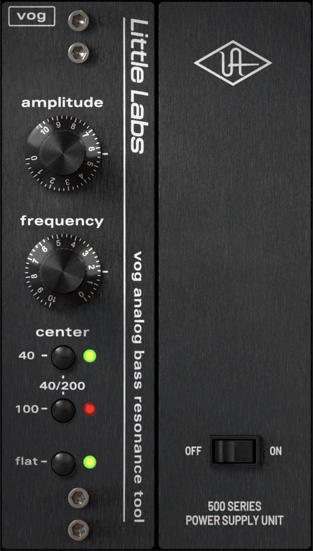 Little Labs VOGの画面。Amplitude、Frequencyのつまみと、Centerの3つのボタン(40、40/200、100、flat)が並び、右に500 Series Power Supply Unitがある
