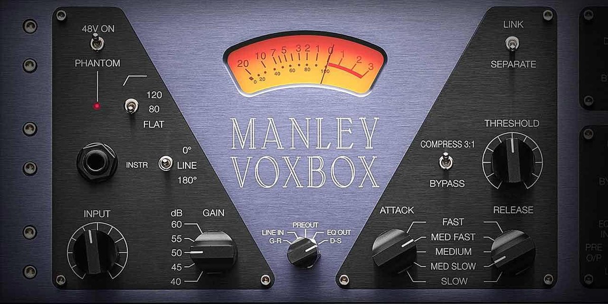 Manley VOXBOXの画面（左側の拡大）。中央にVUメーター、左にInputとGain、右にThreshold、Attack、Releaseのつまみが並ぶ