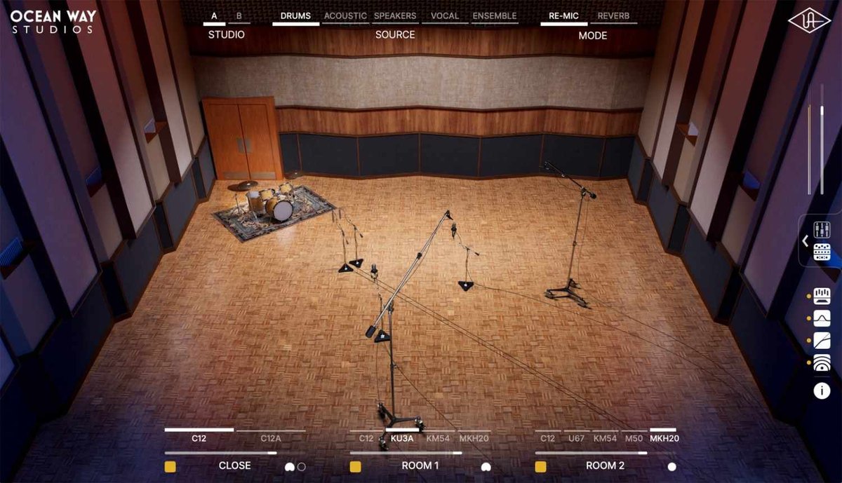 Ocean Way Studios Deluxeの画面。広い部屋にドラムセットとマイクが置かれ、SOURCEはDRUMSが選ばれている