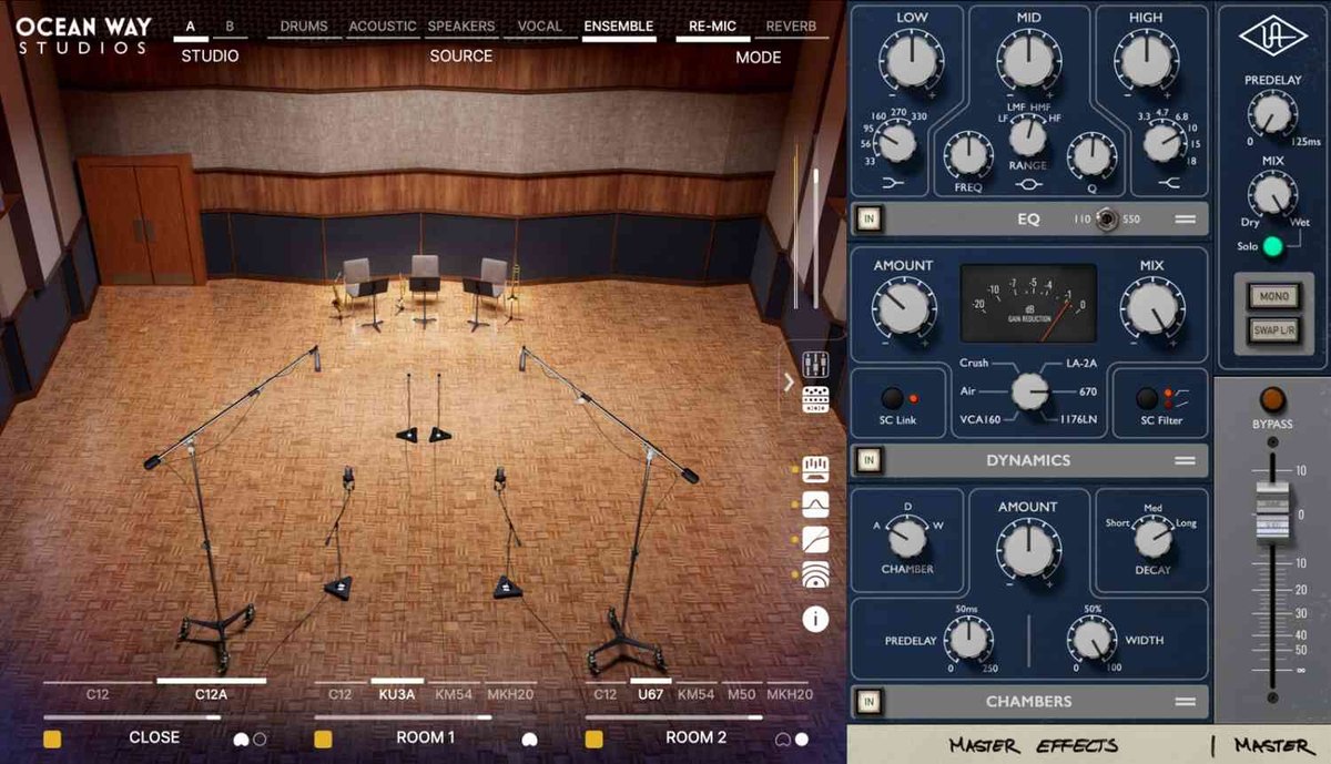 Ocean Way Studios Deluxeの画面。右にMASTER EFFECTSのパネルがあり、EQ、DYNAMICS、CHAMBERSの設定が並ぶ